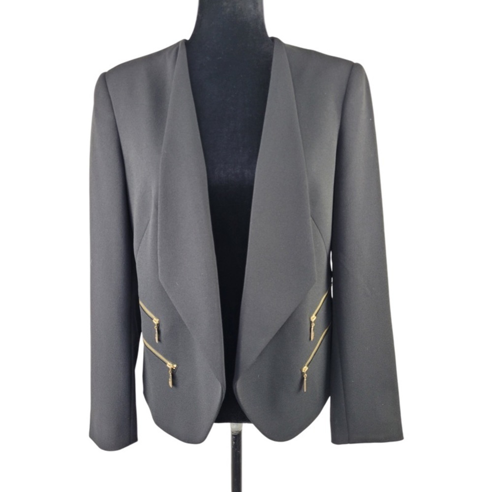 ✅ ANNE KLEIN BLACK CREPE GOLD ZIPPERS OPEN FRONT MOD STYLE JACKET COAT size S
